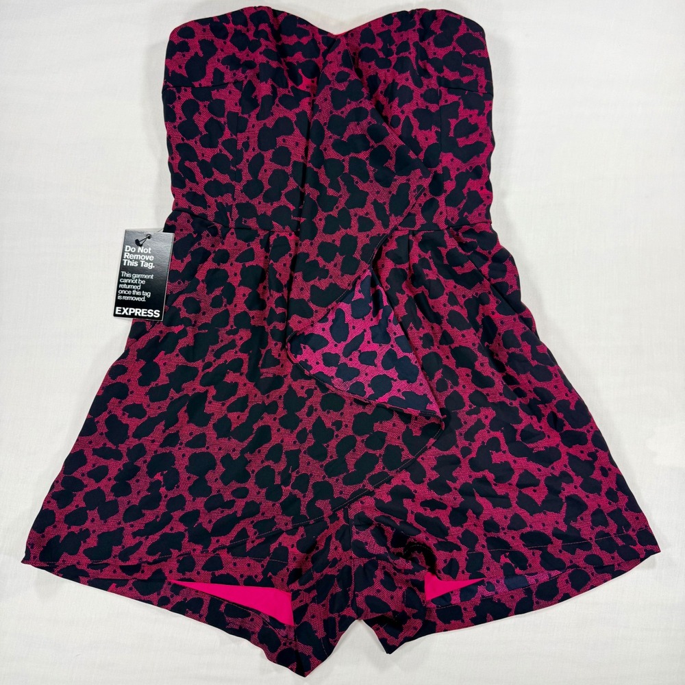 Express Pink Black Leopard Animal Print Strapless Romper Sz 0 NWT Asymmetrical